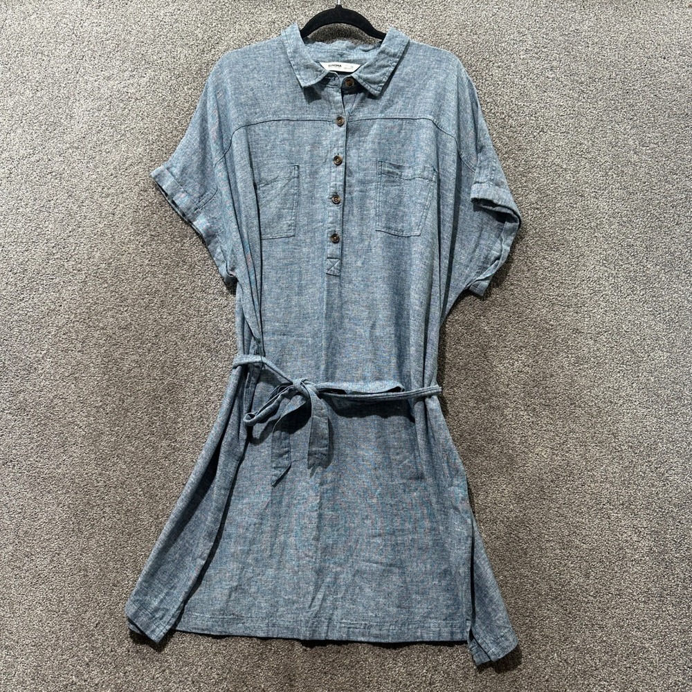 Sonoma Belted Shirt Dress Women 2X Blue Linen Blend Short Sleeve Coastal Summer